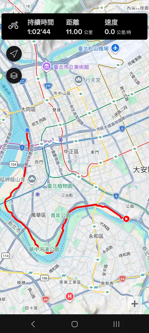 Sports Tracker 路線軌跡圖:自公館沿新店溪、淡水河至大稻埕